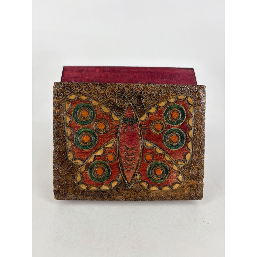 Polish Hand Carved Wooden Box - Butterfly Metal Poland Painted Red